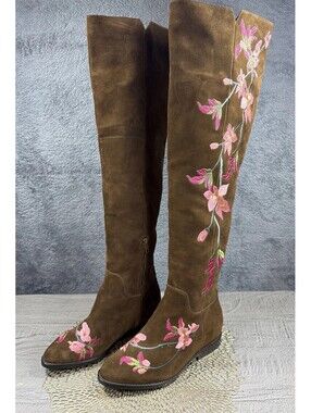 ASH Women's Brown Suede Floral Embroidered Over The Knee Boots